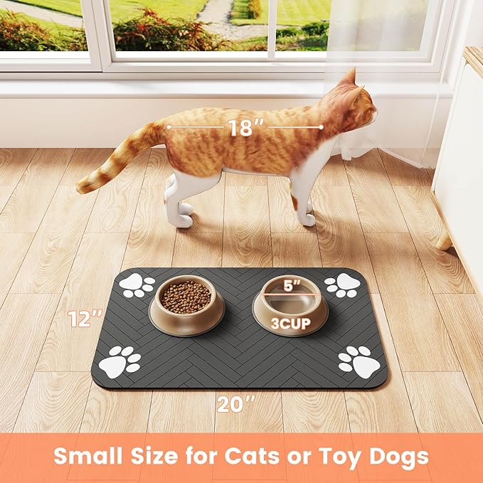 Pet Feeding Mat-Absorbent Pet Placemat for Food and Water Bowl, with Waterproof Rubber Backing, Quick Dry Water Dispenser Mat for Dog and Cat (24"x16", Striped Dark Gray)