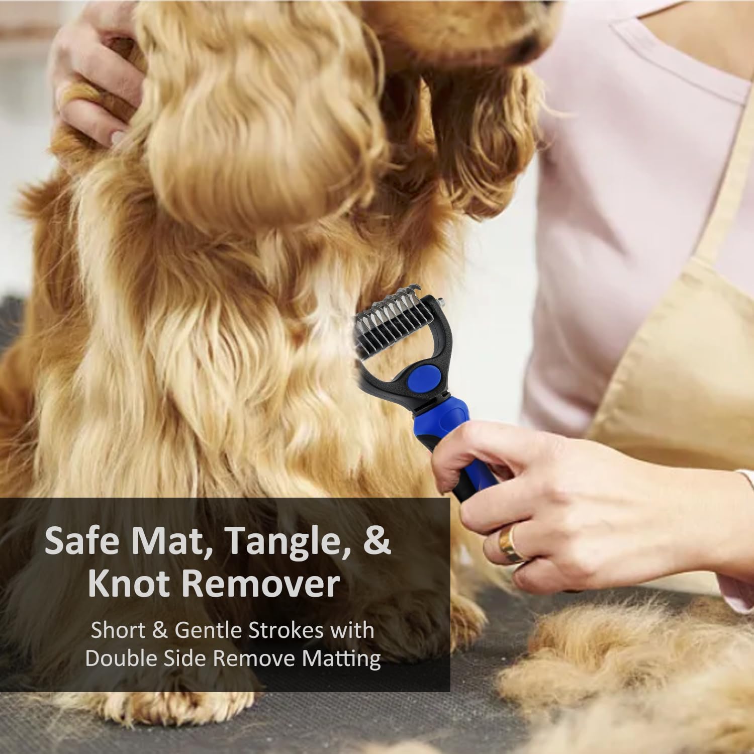 Grooming Rake for Dogs & Cats, Double-Sided Deshedding Brush, Extra-Wide Dematting Tool, Slicker Comb for Undercoat & Loose Hair Removal, Reduces Shedding by 95%, Blue, Small