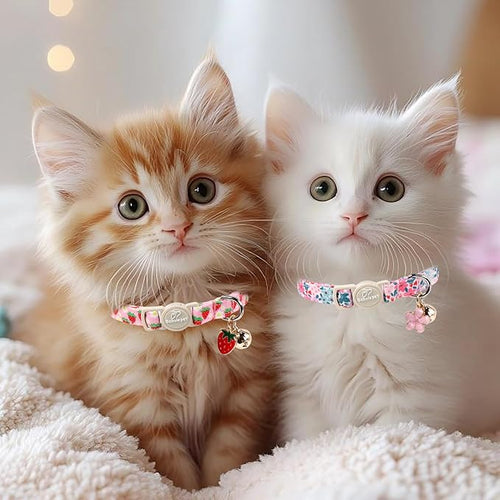 2 Pack Cotton Cat Collars - Cute Breakaway Cat Collar with Bell, Strawberry and Flower Pendant, Spring Summer Adjustable Kitten Collars for Girl Cats, Sweet Floral Fruit