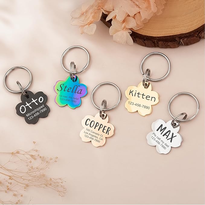 Anavia Personalized Pet ID Tags, Stainless Steel Glossy Laser Engraved Dog Cat Collar Name Tags, Multiple Colors Shapes Sizes (Cherry Blossom, Regular)