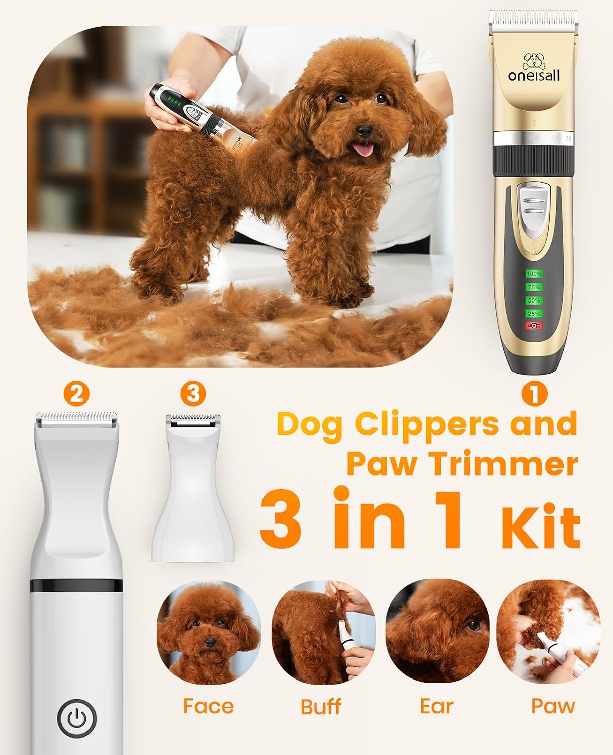 oneisall Dog Clippers and Paw Trimmer Kit for Small Large Dogs Cats | Low Noise, Powerful Motor, Cordless & Long Battery Life, Simple for Beginners, 6 Guide Combs, Removable & Rinsable Blade