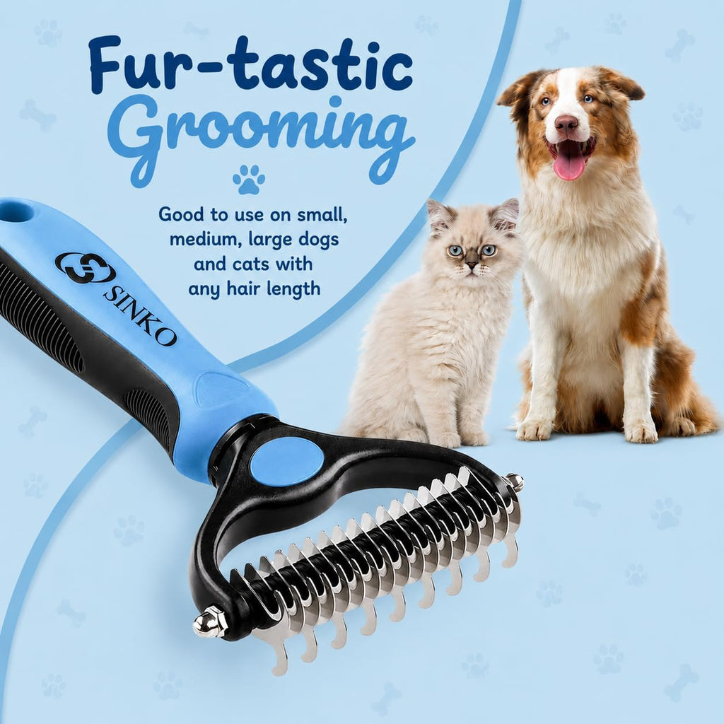 Sinko Shedding Brush For Dog and Cat, Grooming Brush with Extra Wide Double-Sided Stainless Teeth for Detangling, Deshedding, Brushing & Removing Shed Fur, Knots, Mats, and Tangles in Pets (Blue)