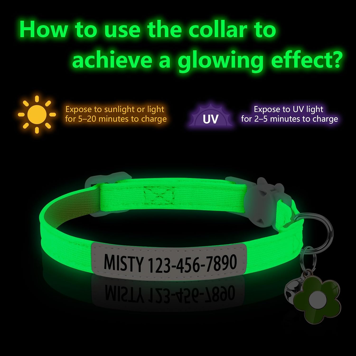 Personalised Glow in the Dark Cat Collar with Bell Flower Decoration, Custom UV-Printed Name & Phone Number, Luminous Adjustable Cat Collar Breakaway (UV-Printed)