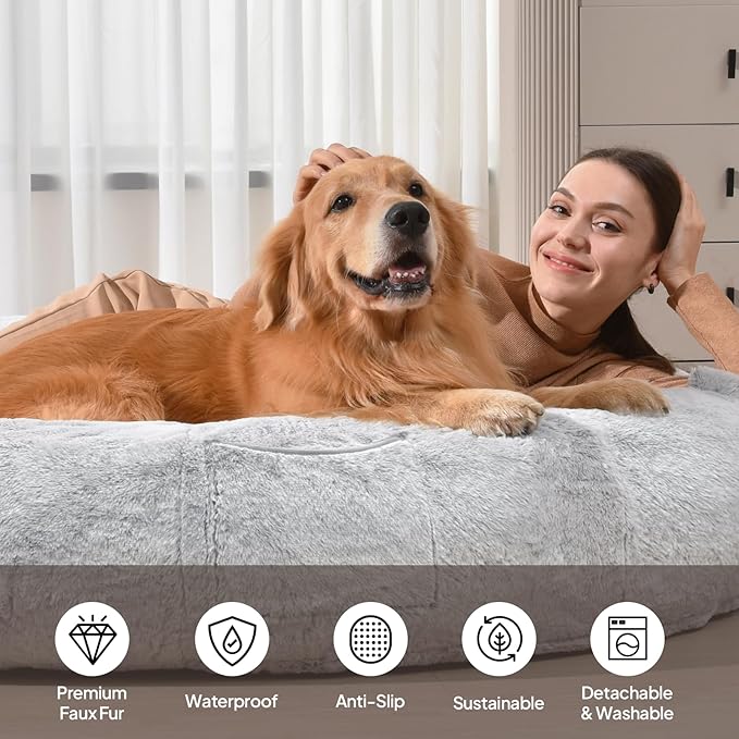 Human Dog Bed for Adults, 74"x50"x12" Giant Memory Foam Bed for Ultimate Comfort, Waterproof & Machine Washable Cover with Storage Pocket, Ideal for Sleep and Nap, Light Grey