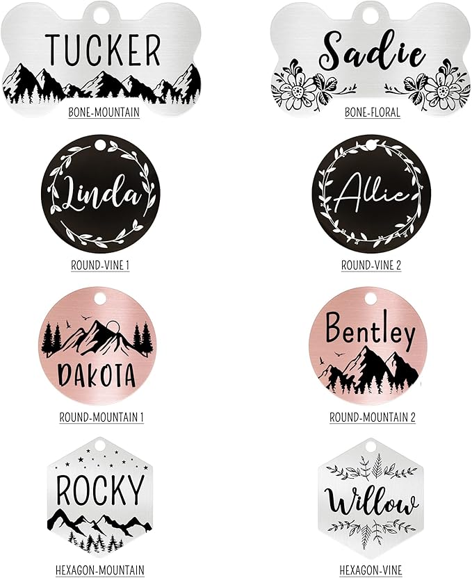 Ultra Joys Stainless Steel Pet ID Tag Dog Name Tags Personalized Front and Back Engraving, Customized Cat Tags, Optional Engraved on Both Sides, Hexagon Vine Design, Silver Small, Silver-hexagon-vine