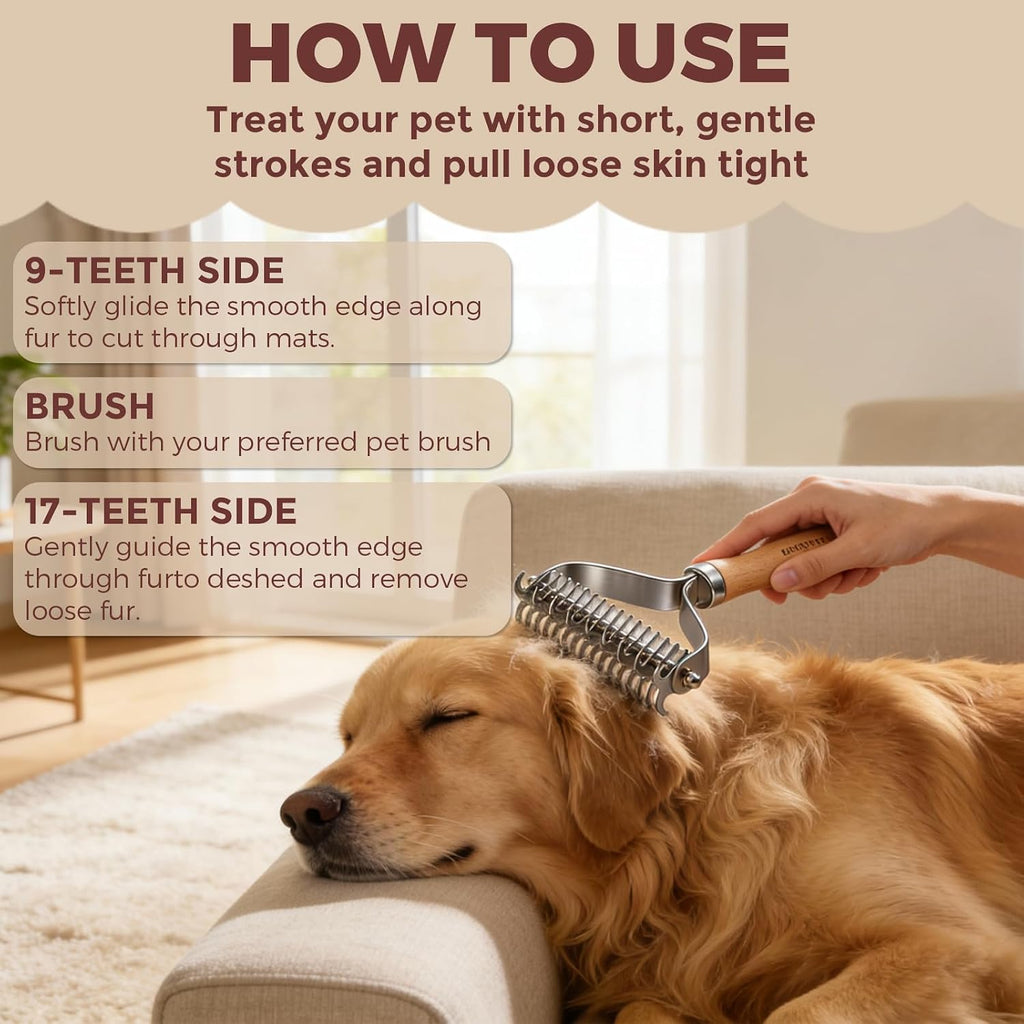 Undercoat Rake for Dogs - Professional Pet Shedding Dematting Comb with Wood Handle, Stainless Steel Blades for Pet Cats Dogs Matted Hair Tangles Removing