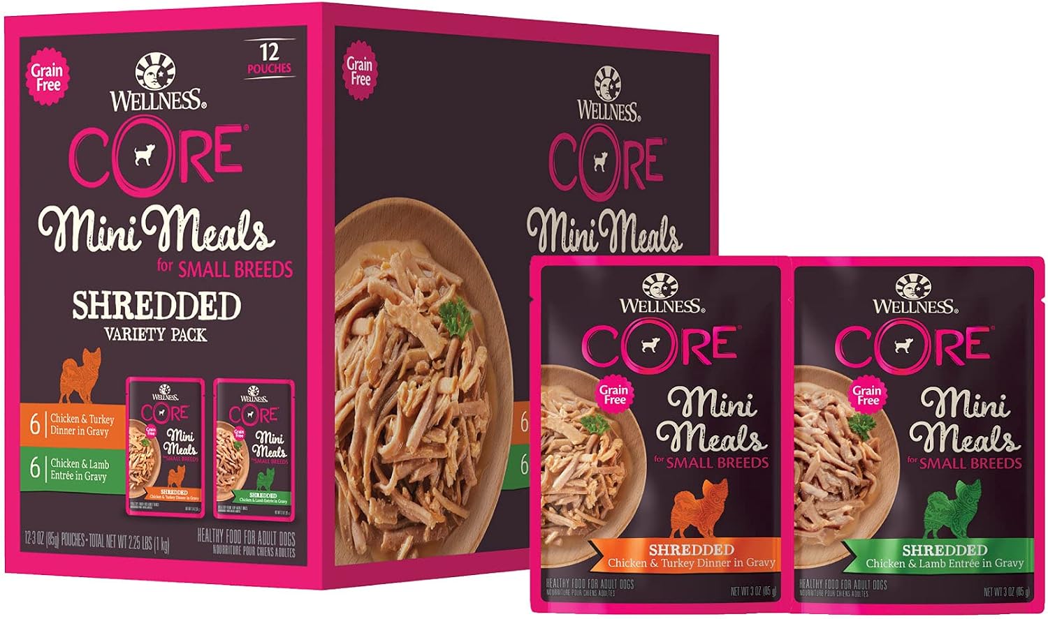 Wellness CORE Small Breed Mini Meals Shredded Variety Pack Adult Wet Dog Food, Grain Free, Natural, 3 oz, Pack of 12