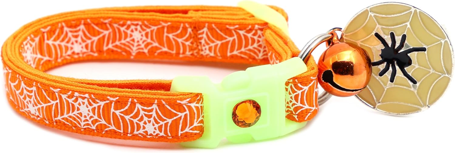 Halloween Cat Collar with Bell | Safety Breakaway Collar | Adjustable Large Size or Kitten Collar (Glow Spiderweb on Orange, Small(10lbs & Less))