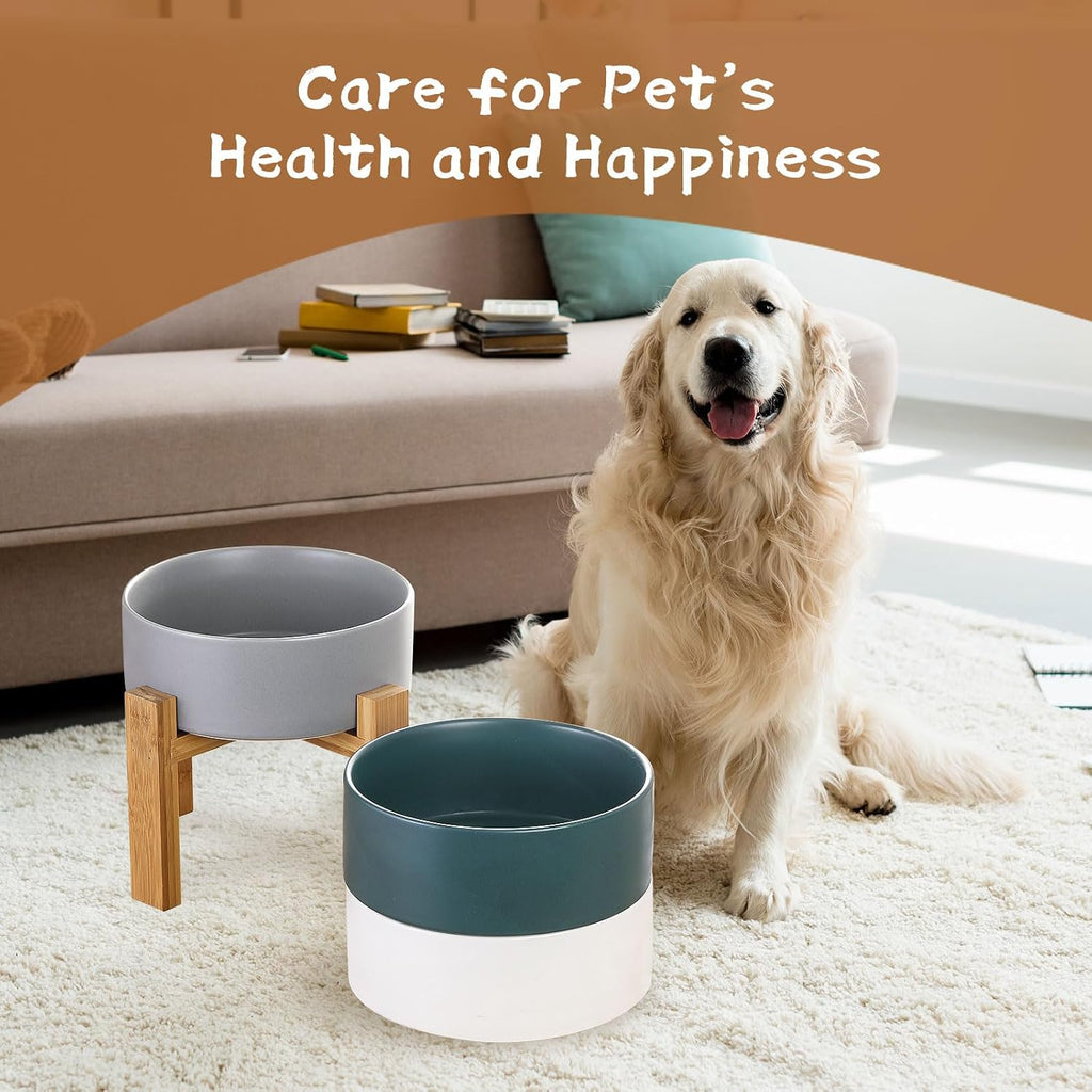 Raised Ceramic Large Dog Bowl - Heavy Weighted Dog Dish with Bamboo Stand - Elevated for Comfortable Feeding - 8.3" W x 8" H - 4.5 Cups (68 fl oz) - Green
