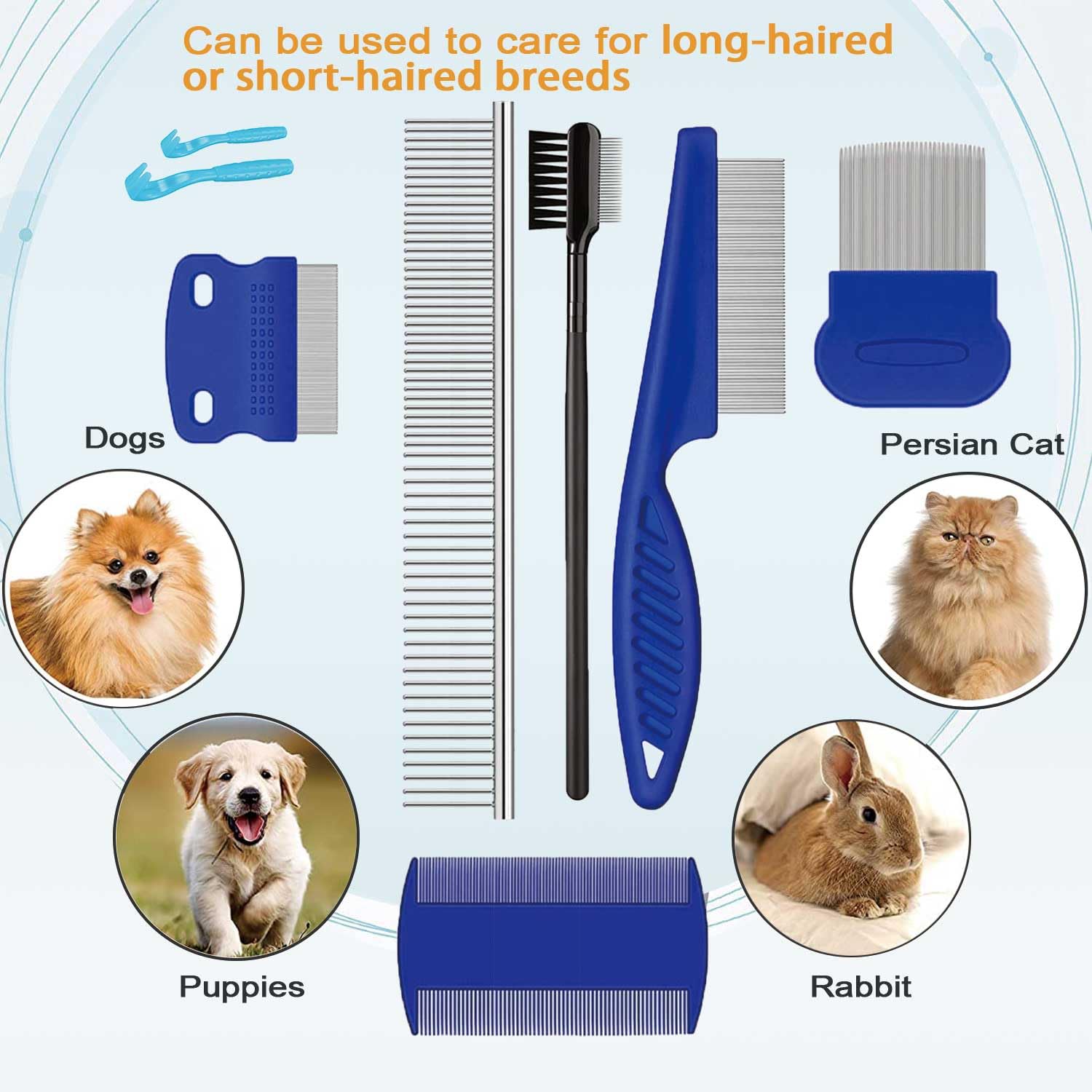 Pet Grooming Comb Kit, Tear Stain Remover Brush, Undercoat Rake for Dogs & Cats, Dematting Tool for Long Haired Dogs Kittens Puppies, Flea Comb for Removal Dandruff Tangles Knots, Shedding Hair & Fur
