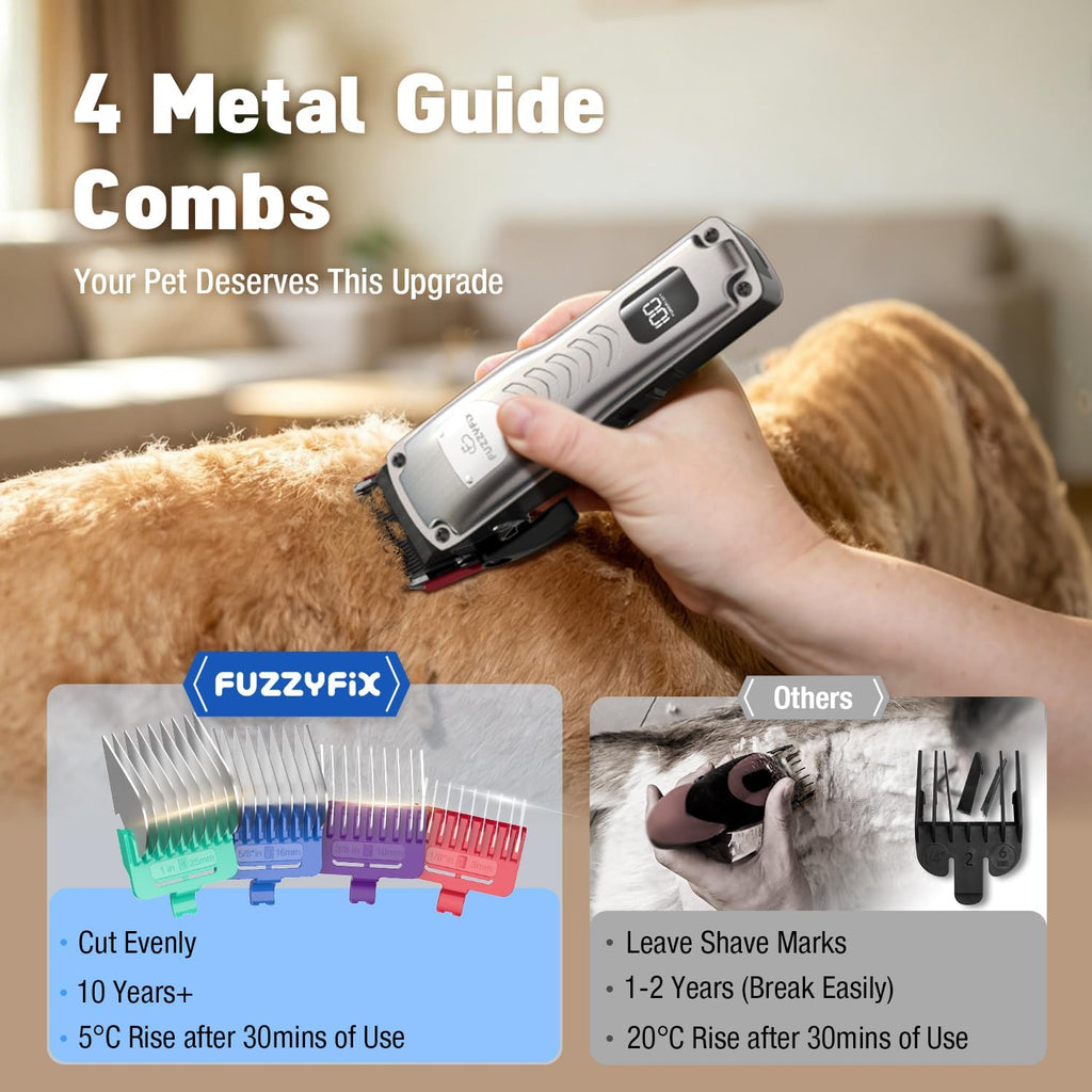 Professional Dog Clippers for Grooming Thick Coats Dog Grooming Kit | Upgraded Metal Guide Comb Low Noise Cordless Dogs Hair Clippers 2 Detachable Stainless Steel Blade Curly/Wavy/Matted Fur