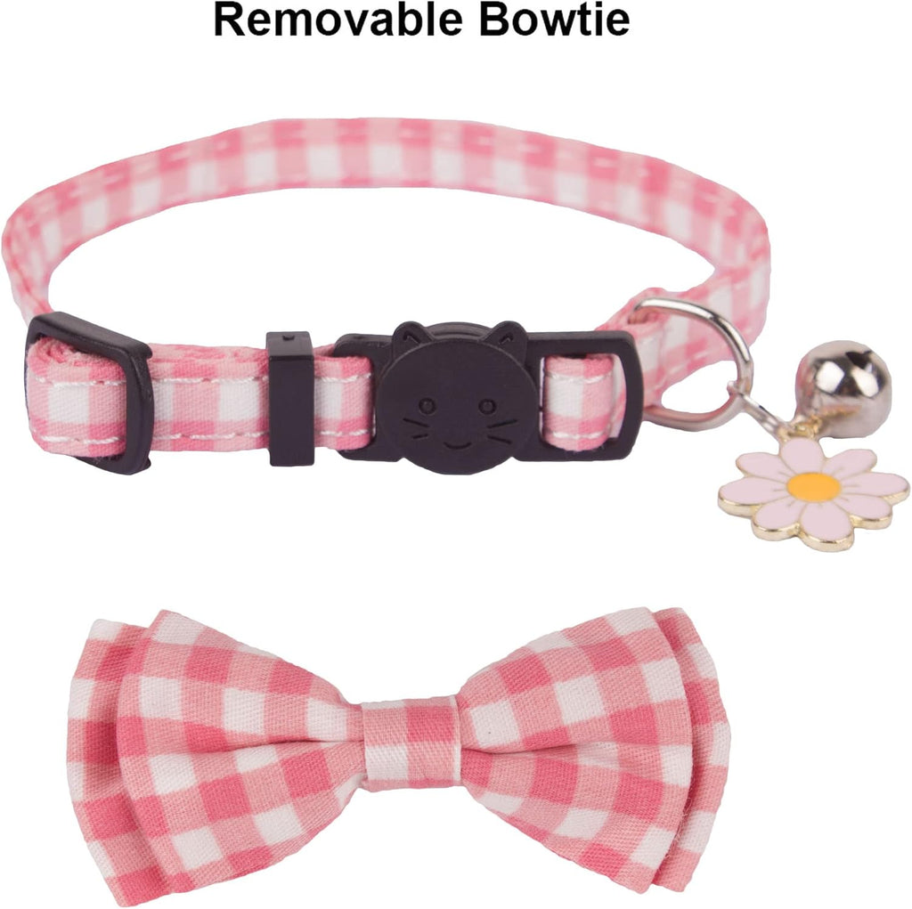 Pink Girl Cat Collar Breakaway, Plaid Floral Kitten Collar, XS | Detachable Bow Tie, Cute Floral Charm, Safe Breakaway Buckle, Adjustable, Pink Plaid & Plaid Print, for Girl Kittes
