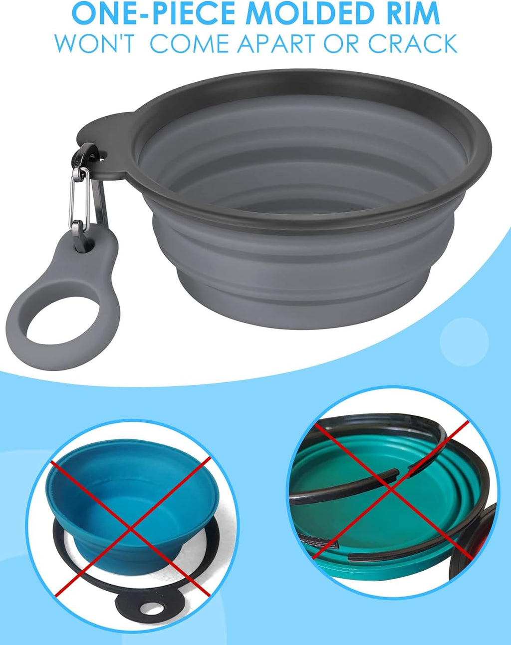 2 Pack Collapsible Dog Bowls with Bottle Carrier(Small 15oz) | Upgraded Carabiner,One-piece Molded Rim Won't Fall Off or Crack, Foldable Portable for Pets Water Drinking or Food Feeding