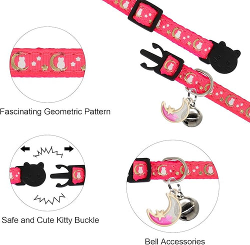 2 Pack Breakaway Cat Collar with Bells, Adjustable Moon and Star Kitten Safety Collars for Boys & Girls, Black+Hotpink