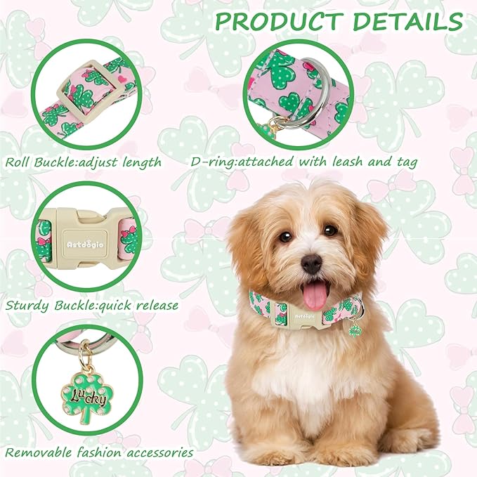 St. Patrick's Day Dog Collar,Pink Bow with Lucky Shamrock Puppy Collar,Adjustable Spring Cotton Collars Gifts for Small Medium Large Dogs,Dog Accessories XS
