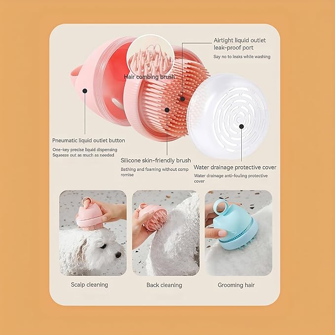 Silicone Cat Bath Brush - Soft Pet Grooming Tool with Integrated Shampoo Dispenser | Gentle Massage Bristles for Cats & Small Dogs(Pink)