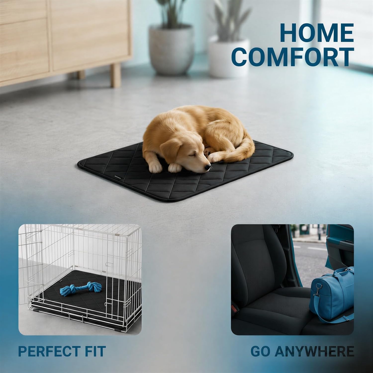 Machine Washable Kennel Mat, Oxford Cloth Mat with Rhombus Quilted Design, Crate Pad for Smaller Animals, All Season Bedding for Indoor Travel, Black
