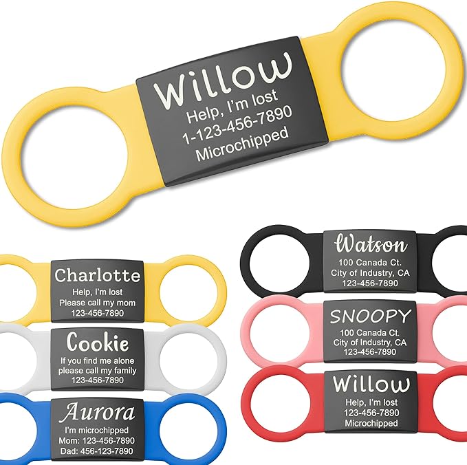 Anavia Slide On Silent Pet ID Tags, S/M/L/XL Personalized Black Stainless Steel Colored Silicone Cat Dog Name Tag, Customized Engraved Nameplate, Quiet Chew-Proof Pet Collar Tag (Yellow, Large)