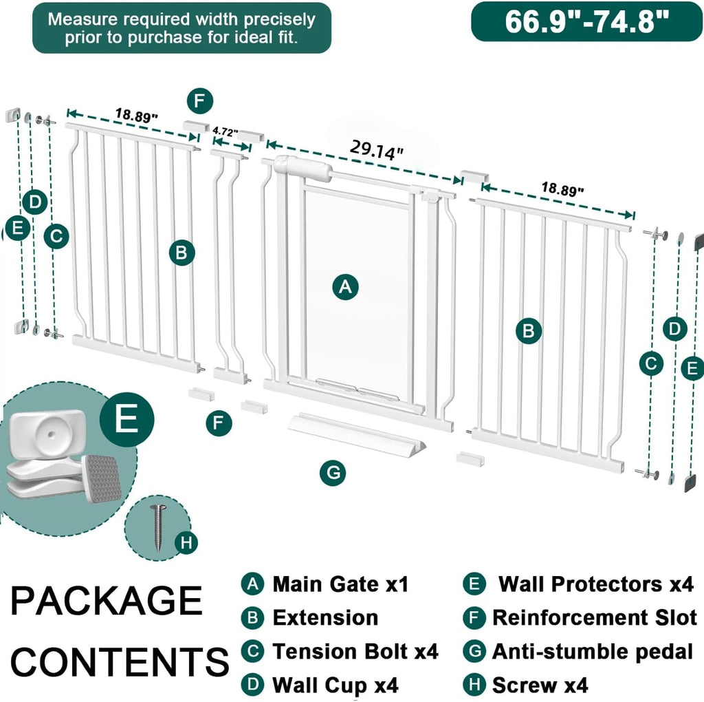 Triple-Lock Acrylic Extra Wide Baby Gate 66.95"-74.8", Crystal Clear Transparent Pet Gate for Dogs, Heavy Duty Metal Gate for Doorways, Pressure Mount Child Safety Barrier, Auto Close, White