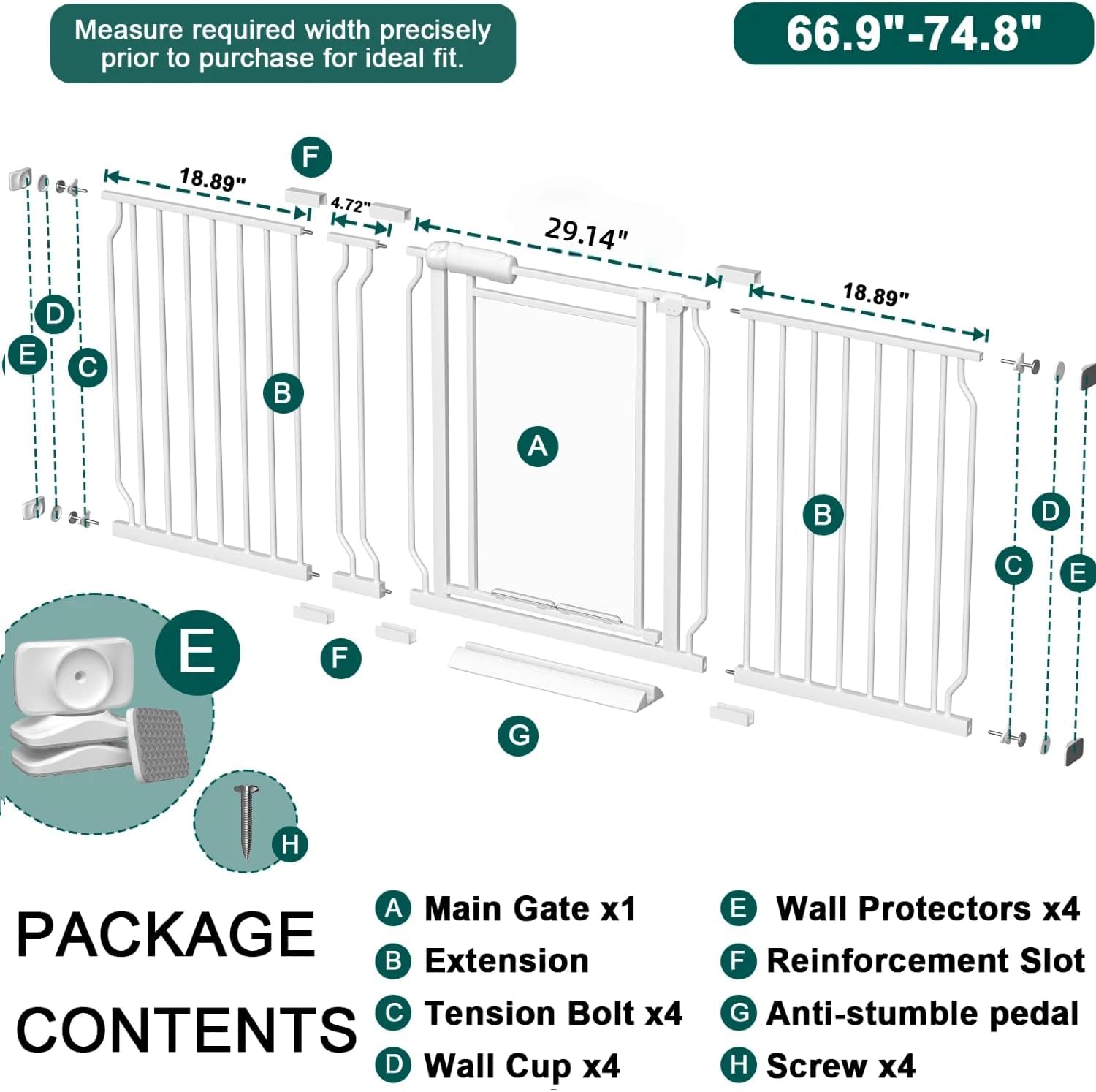 Triple-Lock Acrylic Extra Wide Baby Gate 66.95"-74.8", Crystal Clear Transparent Pet Gate for Dogs, Heavy Duty Metal Gate for Doorways, Pressure Mount Child Safety Barrier, Auto Close, White