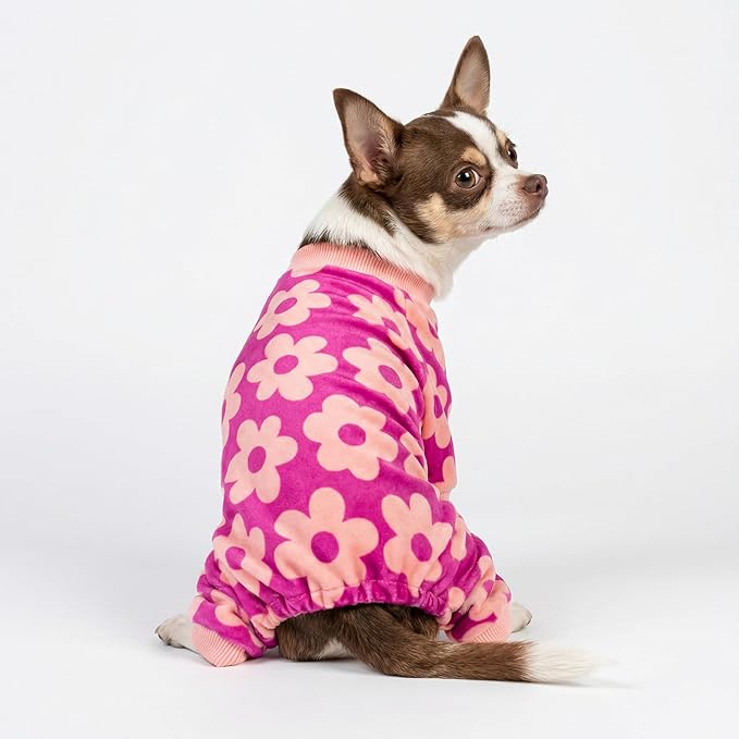 Fitwarm Flower Fleece Dog Pajamas, Warm Winter Dog Clothes for Small Dogs Girl, Cozy Pet Onesie with Feet, Pink, XXL