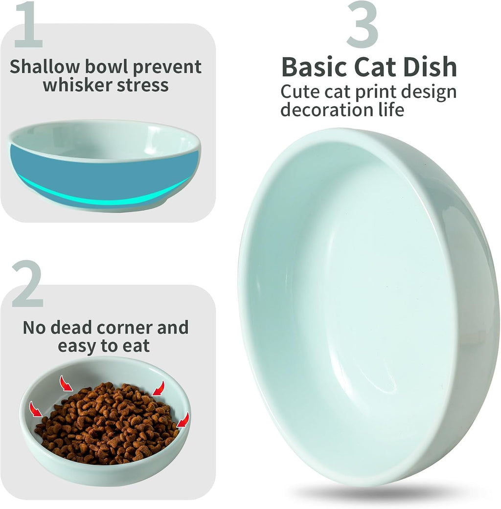 5.3 in Ceramic Cat Dishes - Shallow Food Bowls for Small Pets, 3 Pack for Food and Water -Light Blue