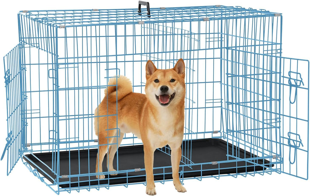 Dog Crate for Large Medium Small Dogs, Folding Dog Kennel Cage with Plastic Tray & Divider 48"/42"/ 36"/ 30"/ 24" Indoor Outdoor Metal Double Door Heavy Duty Dog Pen Enclosure, Blue(36 Inch)