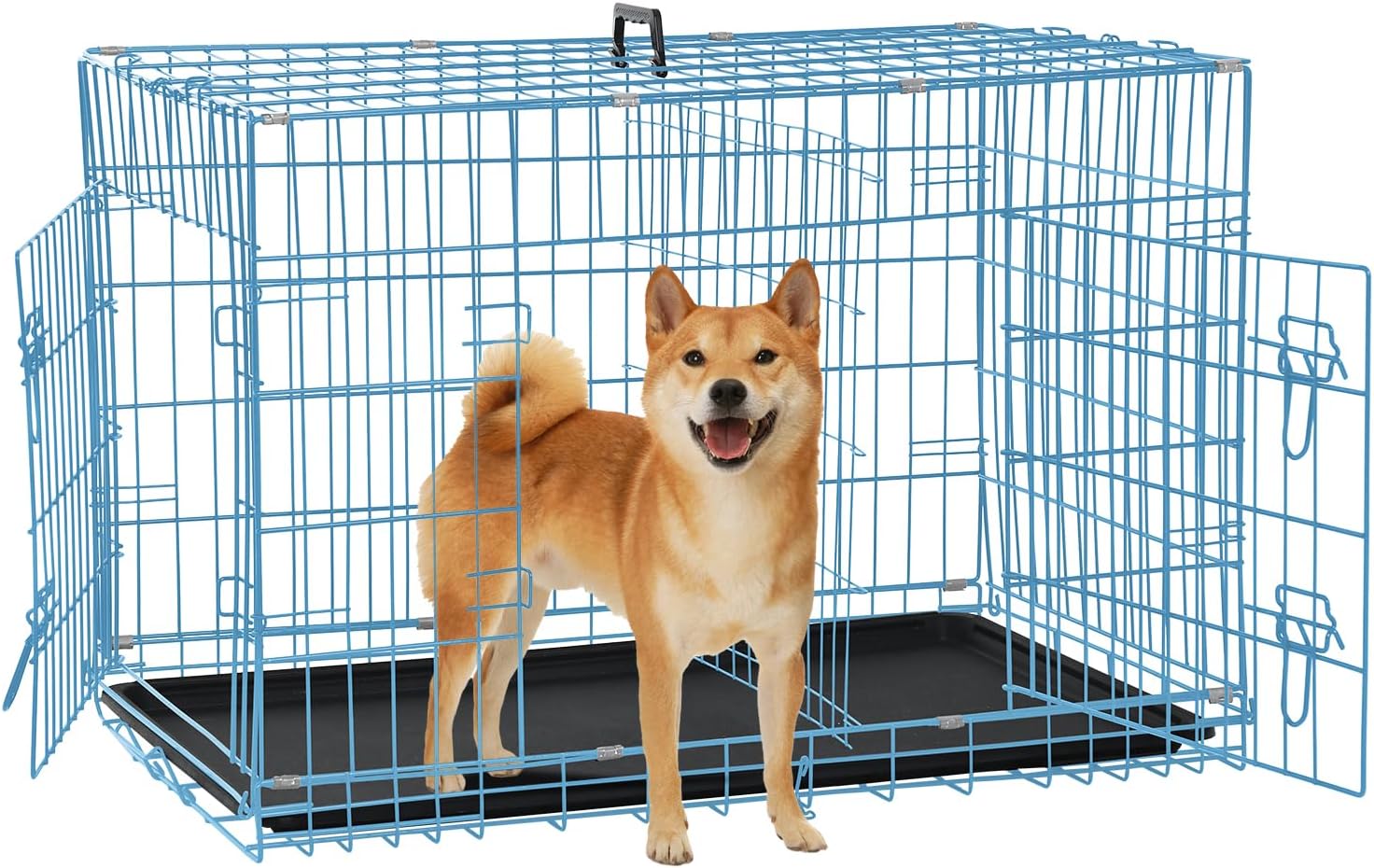 Dog Crate for Large Medium Small Dogs, Folding Dog Kennel Cage with Plastic Tray & Divider 48"/42"/ 36"/ 30"/ 24" Indoor Outdoor Metal Double Door Heavy Duty Dog Pen Enclosure, Blue(36 Inch)