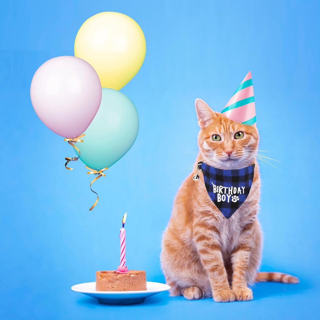 Cat Birthday Boy Bandana Collar, Blue Plaid Cat Bow Tie Collar | Detachable Bow Tie & Bandana, Soft Buffalo Plaid Fabric, Safe Breakaway Buckle, Adjustable, for Cat Kitten Birthday Party