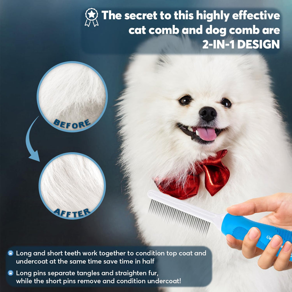 GENPEPADO Grooming Comb for Dogs and Cats with Long & Short Stainless Steel Metal Fine Teeth for Detangling Matted Hair - Pet Detangler Comb for Removing Tangles, Knots, Loose Fur from The Undercoat