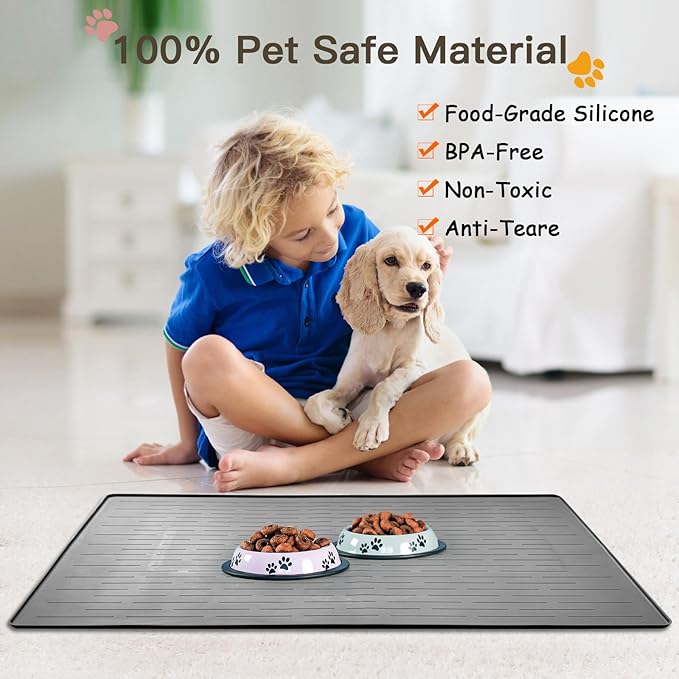 Largest Dog Food Mat, 39.5"x29.5" Silicone Dog and Cat Mat for Food and Water Bowls, Thinken Waterproof Non-Slip XXXL Pet Feeding Mat for Floors (Grayish Blue)