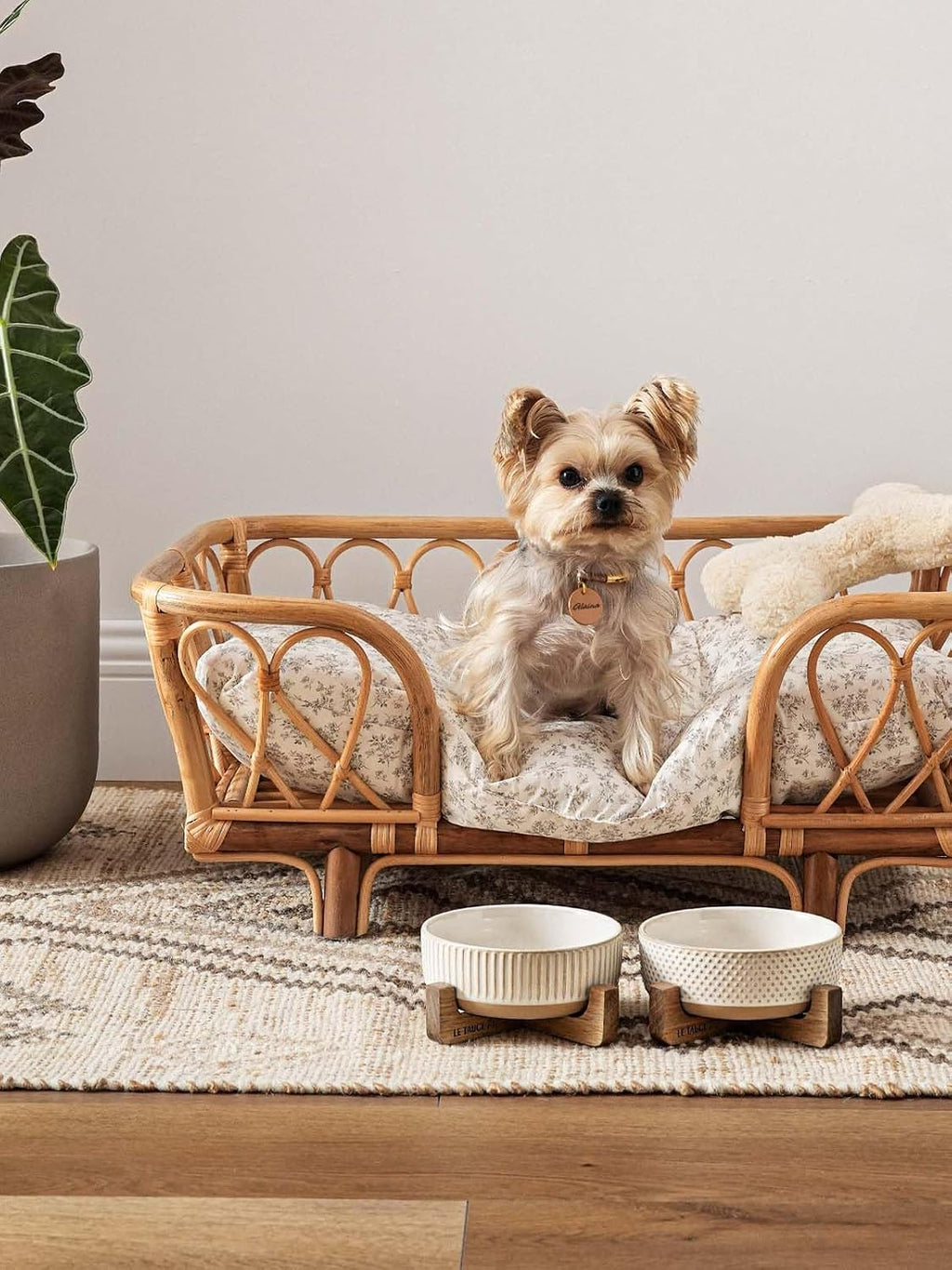 Ceramic Dog and Cat Bowl Set with Acacia Wood Stand - 2 Cup Weighted Non-Slip Food and Water Bowls for Small Dogs & Cats, Lines + Dot