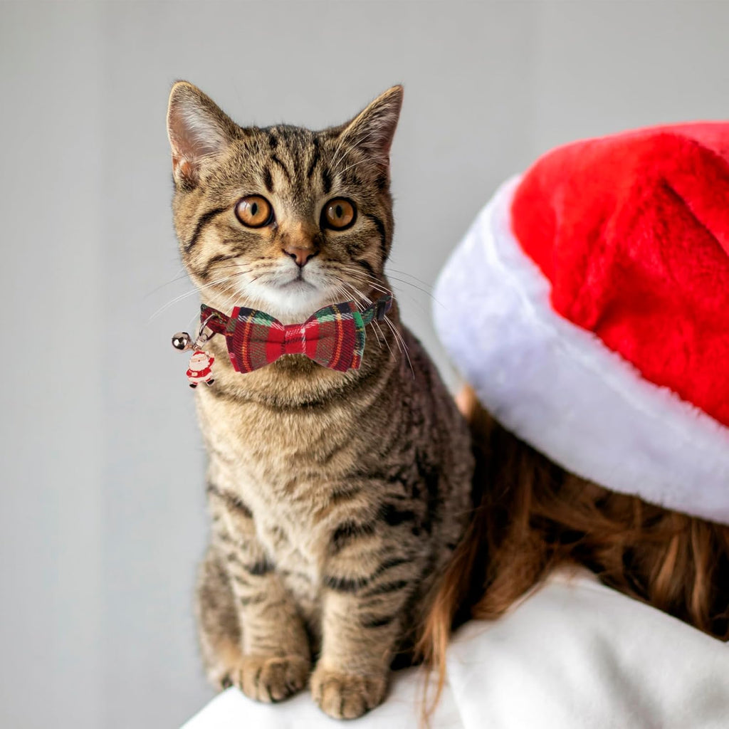PTDECOR Christmas Cat Collars, Xmas Red Green Plaid Bowtie Collars | Detachable Bow Tie, Safe Breakaway Buckle, Adjustable, 2 Pack Xmas Red Green Charm Bell Christmas Collar for Cats Kittens