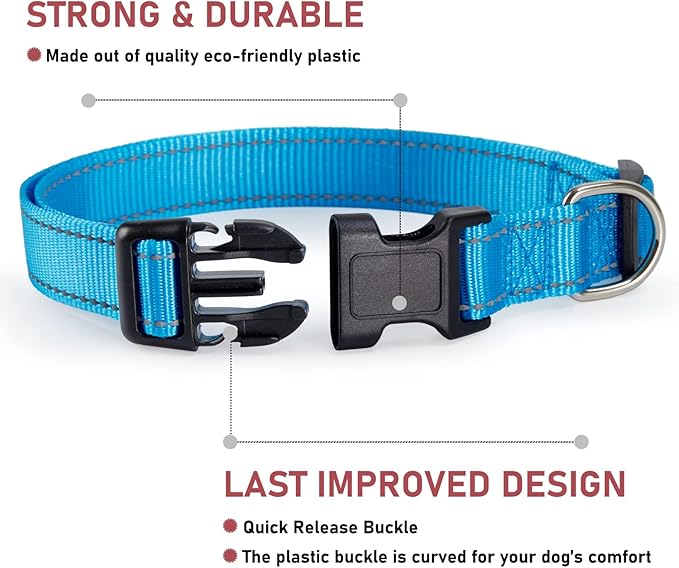 Reflective Dog Collar with Buckle Adjustable Safety Nylon Collars for Small Medium Large Dogs, Blue L