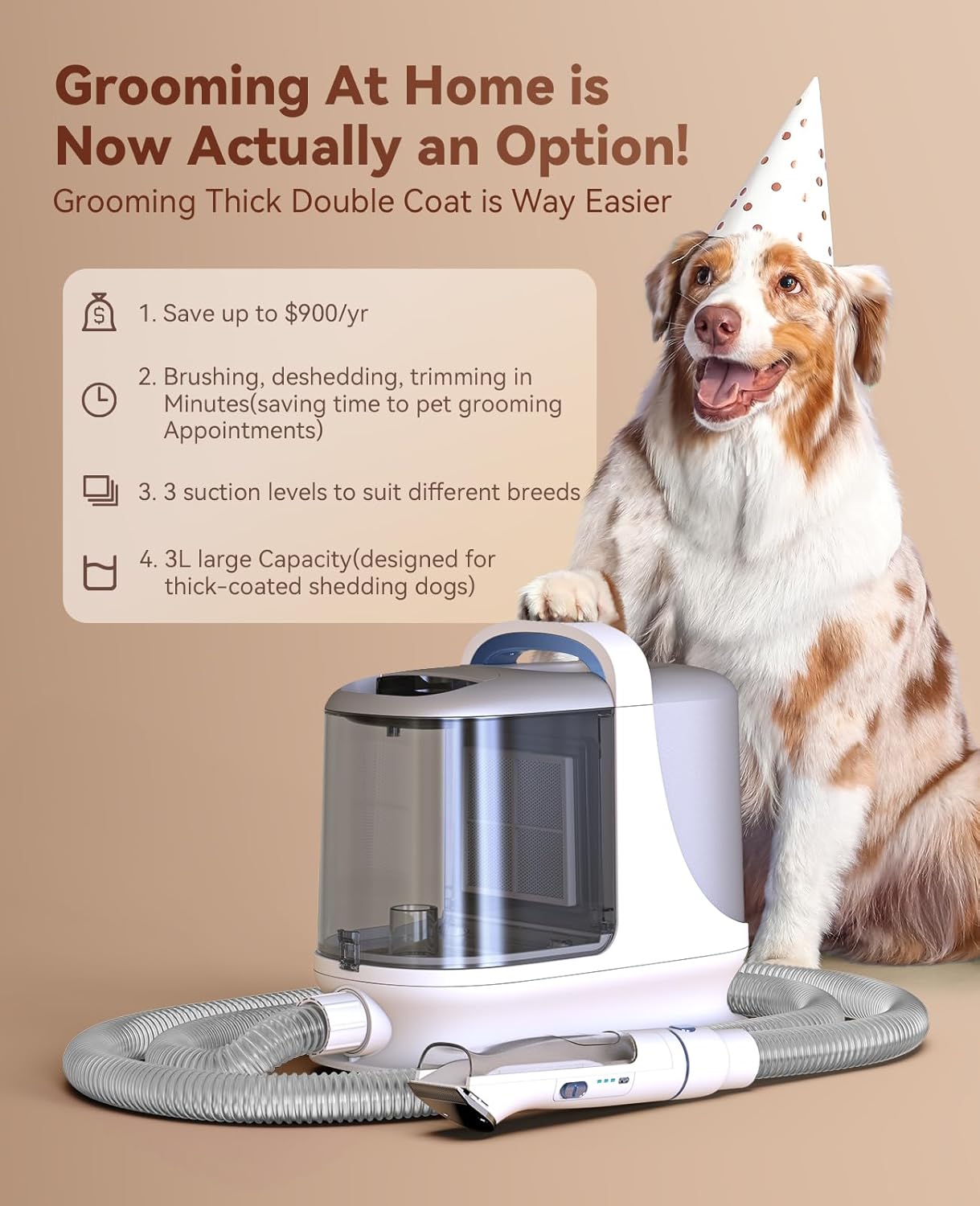 oneisall Dog Grooming Vacuum Kits with Clipper | Exatra Large 3L Dust Cup,13KPa 3 Suction,Clipper,Nail Grinder & Shedding Brush 7 in 1 Grooming Kits,Low Noise,BM3