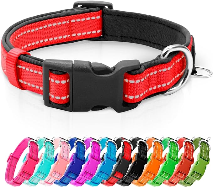 azuza Reflective Dog Collar,Soft Neoprene Padded Pet Collar with ID Tag Ring,Adjustable for Small Dogs,Red,S