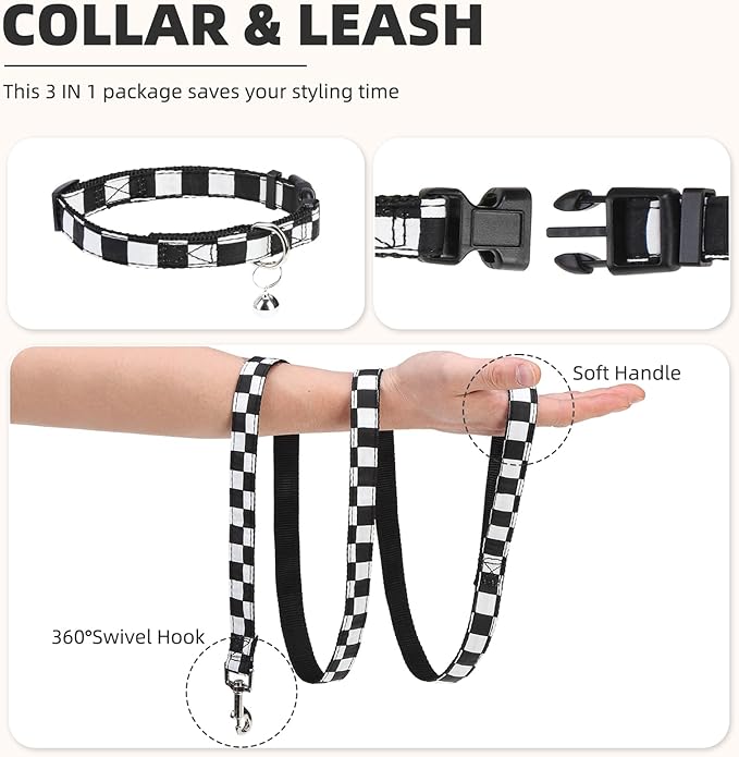 PUPTECK Adjustable Dog Harness Collar and Leash Set Step in No Pull Pet Harness for Small Medium Dogs Puppy and Cats Outdoor Walking Running, Checkered Black&White S