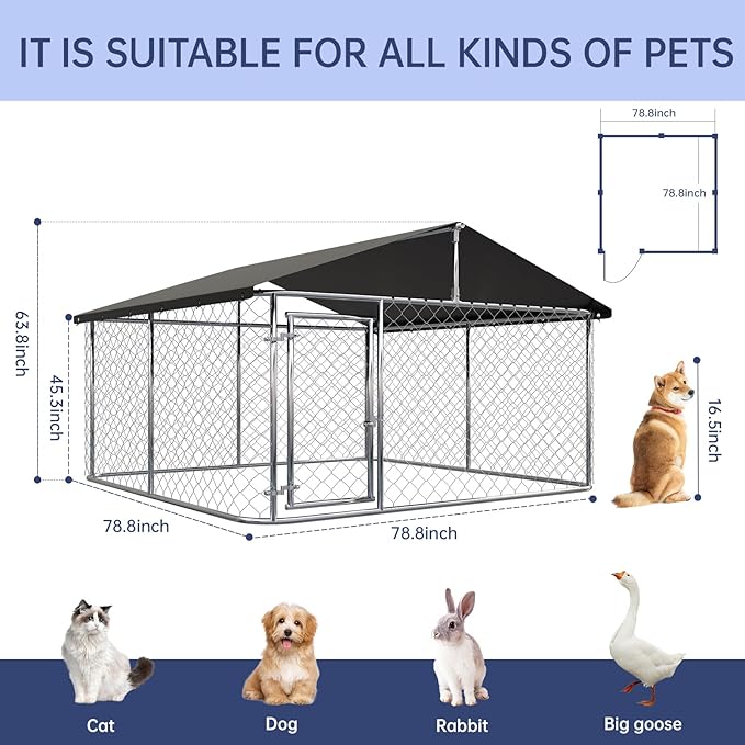 Petonly Outdoor Dog Enclosure Heavy Duty Dog Kennel House Mesh Dog Big Cage Pet Kennel Steel Fence with Secure Lock (78”x 78”)
