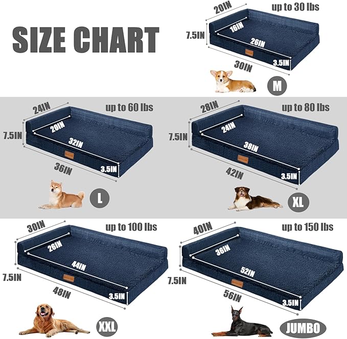 Patas Lague Orthopedic Dog Bed Medium Size Dog 30''X20'', Waterproof L Bolster Medium Pet Sofa Beds with Removable Washable Cover, Soft Comfortable Pet Couch Crate Mat with Nonskid Bottom, Navy Blue