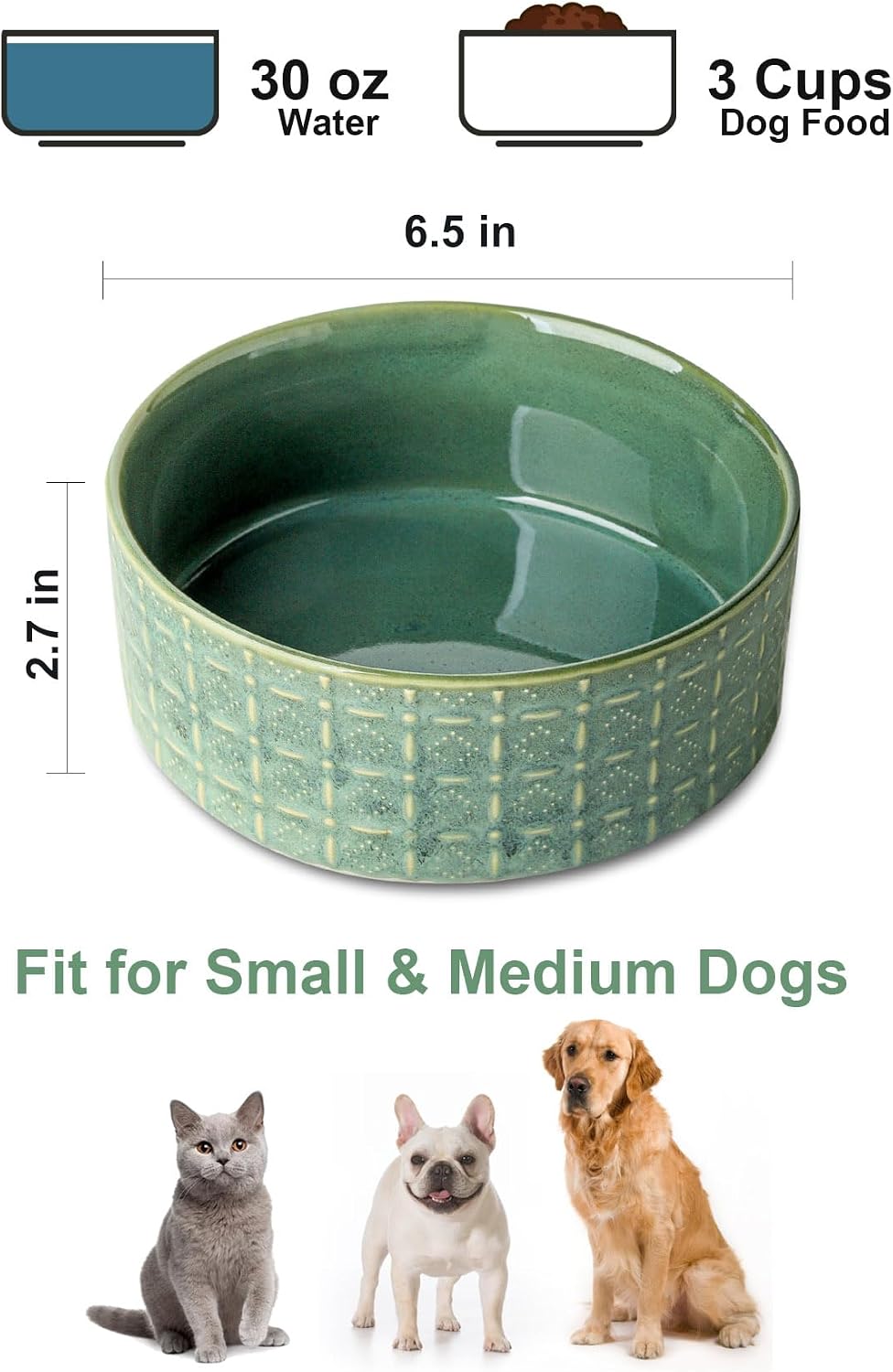 Ceramic Dog Bowl, 6.5 inch Pet Dog Food Bowl Water Bowls, Dogs Dish for Middle and Small Dogs, Puppy, Green