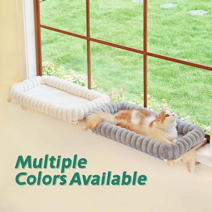 Zakkart SnugCloud Cat Window Perch with 4-Sided Bolster - Large Cat Hammock for Window Sill - Solid Hardwood & Metal Frame - Window Seat for Pets (Natural Color Wood w/White Bed, Large)