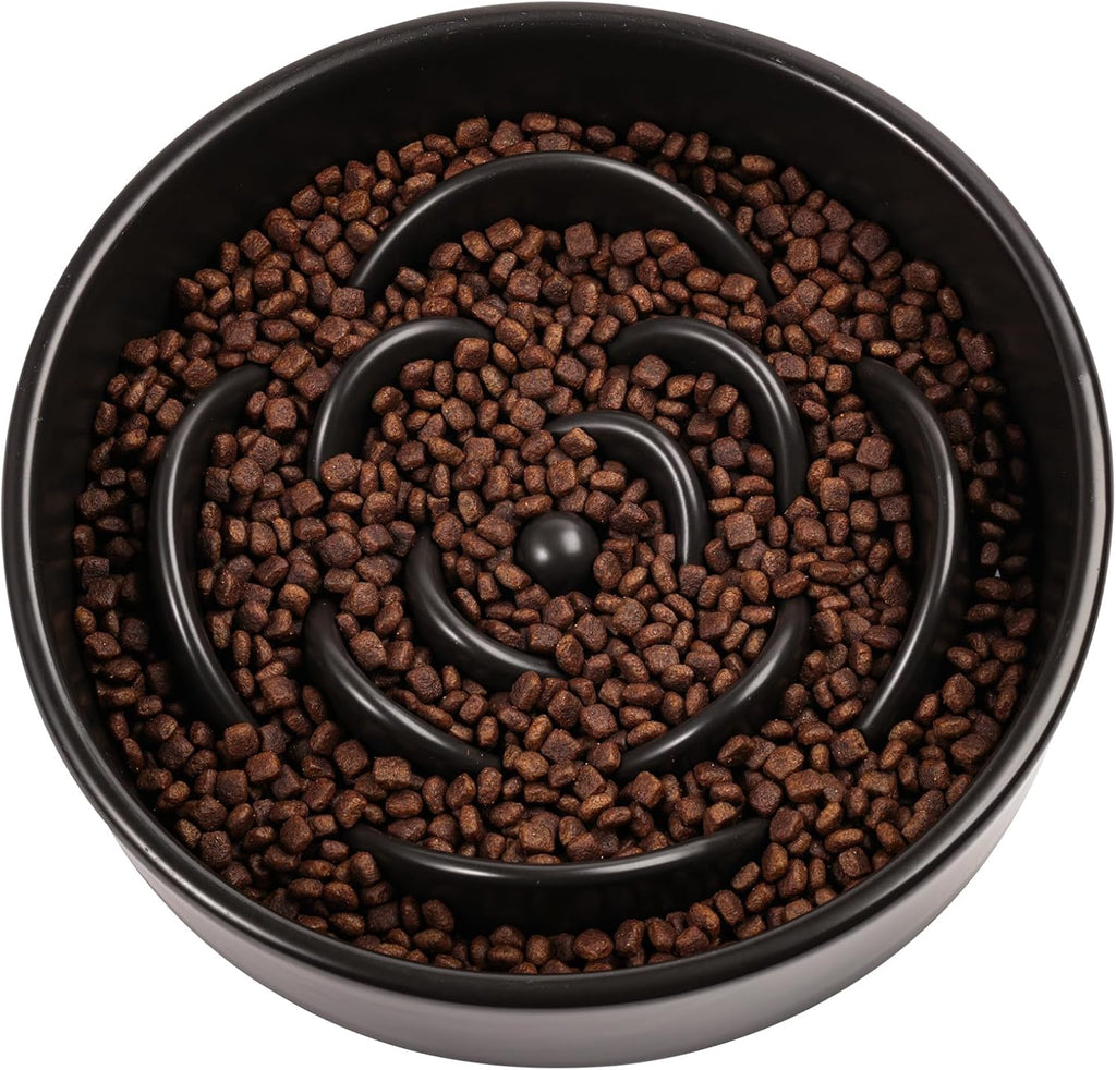Black Ceramic Slow Feeder Dog Bowl for Small and Medium Breeds,6.1 in Slow Feeding Bowl,Puzzle Cat Dog Food Bowl for Fast Eater,Maze Dish Puzzle Bowl for Small Dogs and Cats