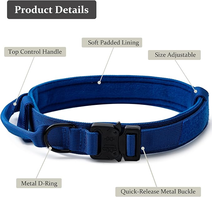 Tactical Dog Collar, Adjustable Military Training Nylon Dog Collar with Control Handle and Heavy Quick-Release Metal Buckle for Small Medium Large Dogs, Dark Blue L