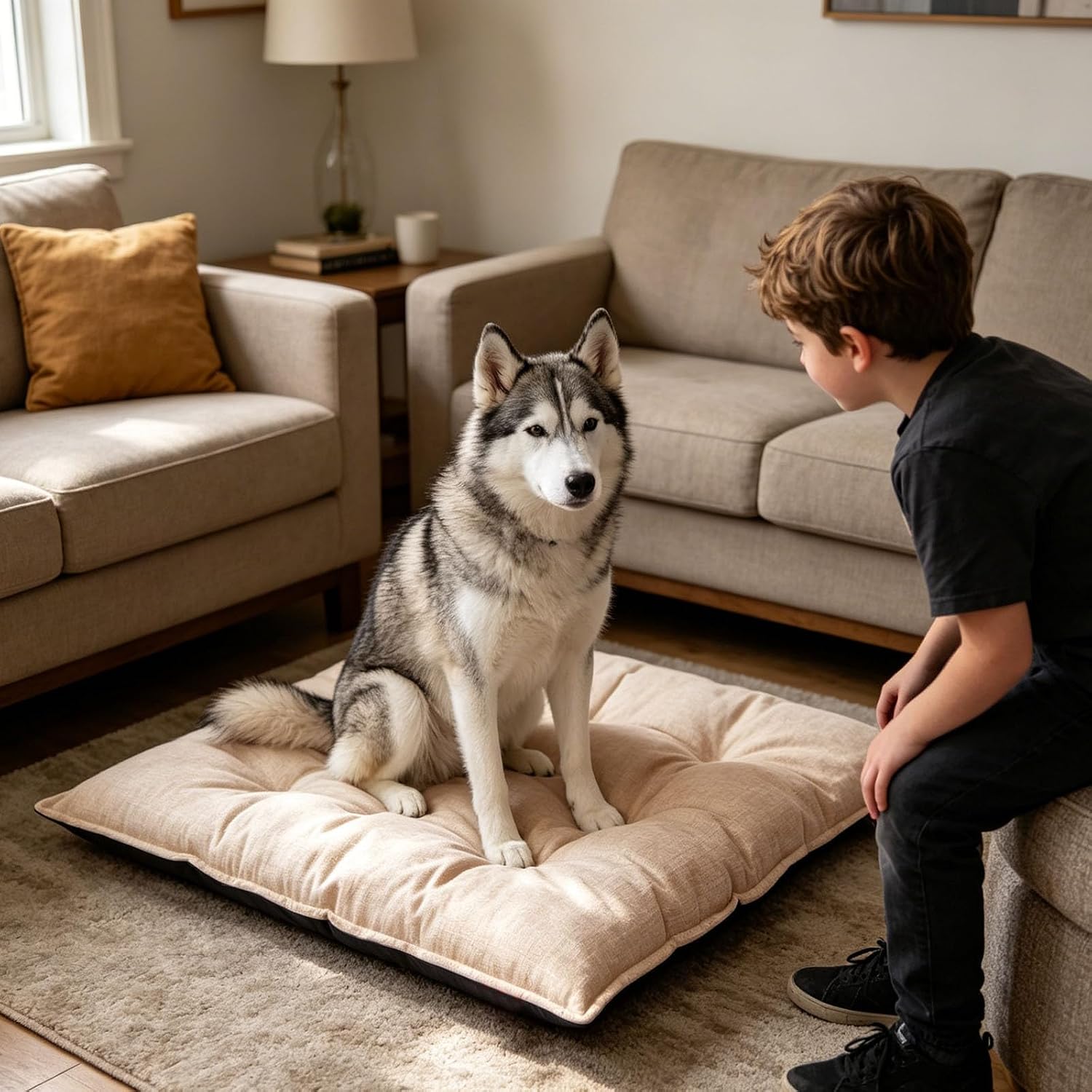Chew Proof Dog Crate Bed, Reinforced Corner Kennel Pad, Washable Texture Dog Sleeping Mat, Comfort Rest Pad Suitable for Small Indoor Chewing Dogs，Beige：Large