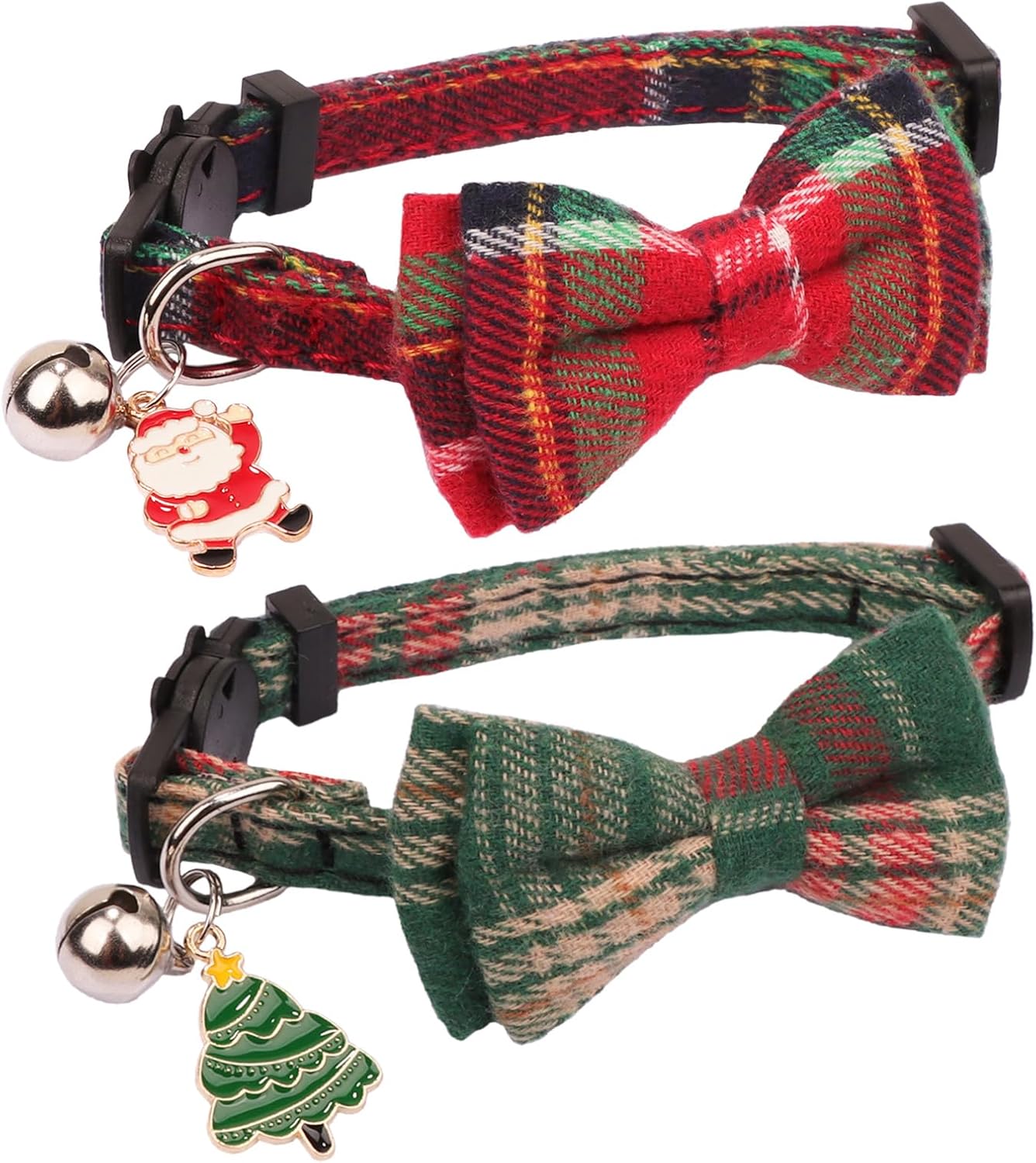 PTDECOR Christmas Cat Collars, Xmas Red Green Plaid Bowtie Collars | Detachable Bow Tie, Safe Breakaway Buckle, Adjustable, 2 Pack Xmas Red Green Charm Bell Christmas Collar for Cats Kittens