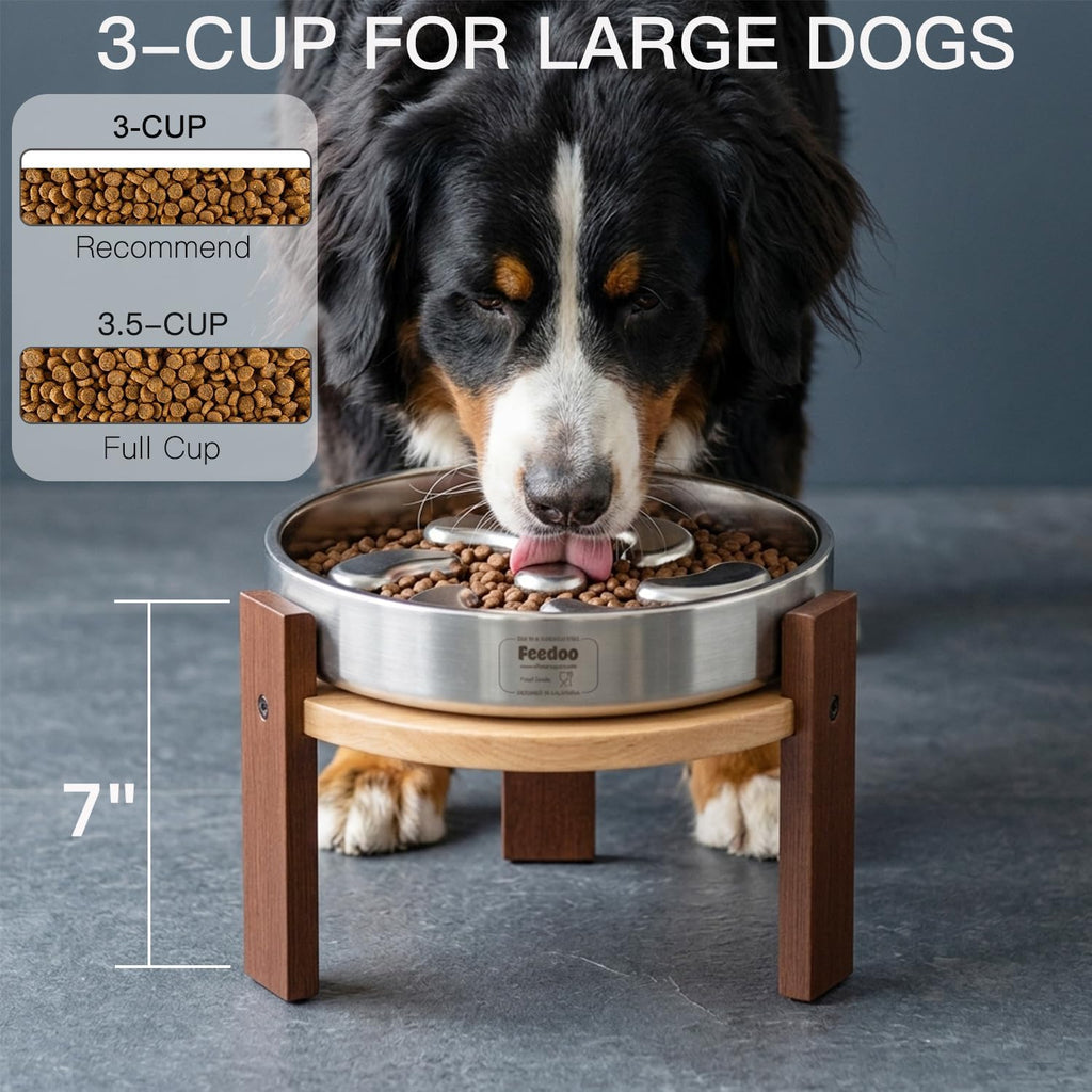 Elevated Dog Bowl Stand, 7'' Height Raised Stand for Large Dogs, Includes 3Cups Stainless Steel Slow Feeder Dog Bowl, Durable Solid Hardwood