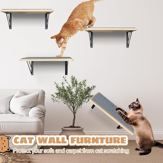 Burlywood Cat Shelves: Set of 4 Wood Cat Furniture Indoors - Climbing Shelf with Wall Mounted Scratching Pad & Hammock for Big Cats