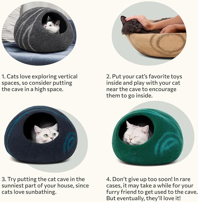 MEOWFIA Cat Cave – Premium Felt Cat Bed for Indoor Cats, Handmade 100% Merino Wool (Light Grey, Medium) (Pack of 2)