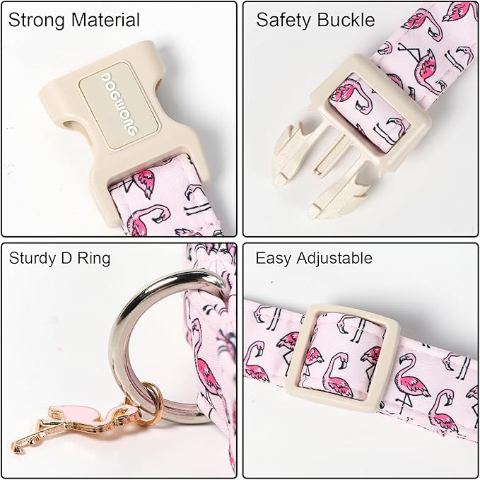 DOGWONG Cute Pet Dog Collar Pink Flamingos Cotton Dog Collar- Soft Girl Puppy Adjustable Pet Collars for Small Medium Large Dogs,L