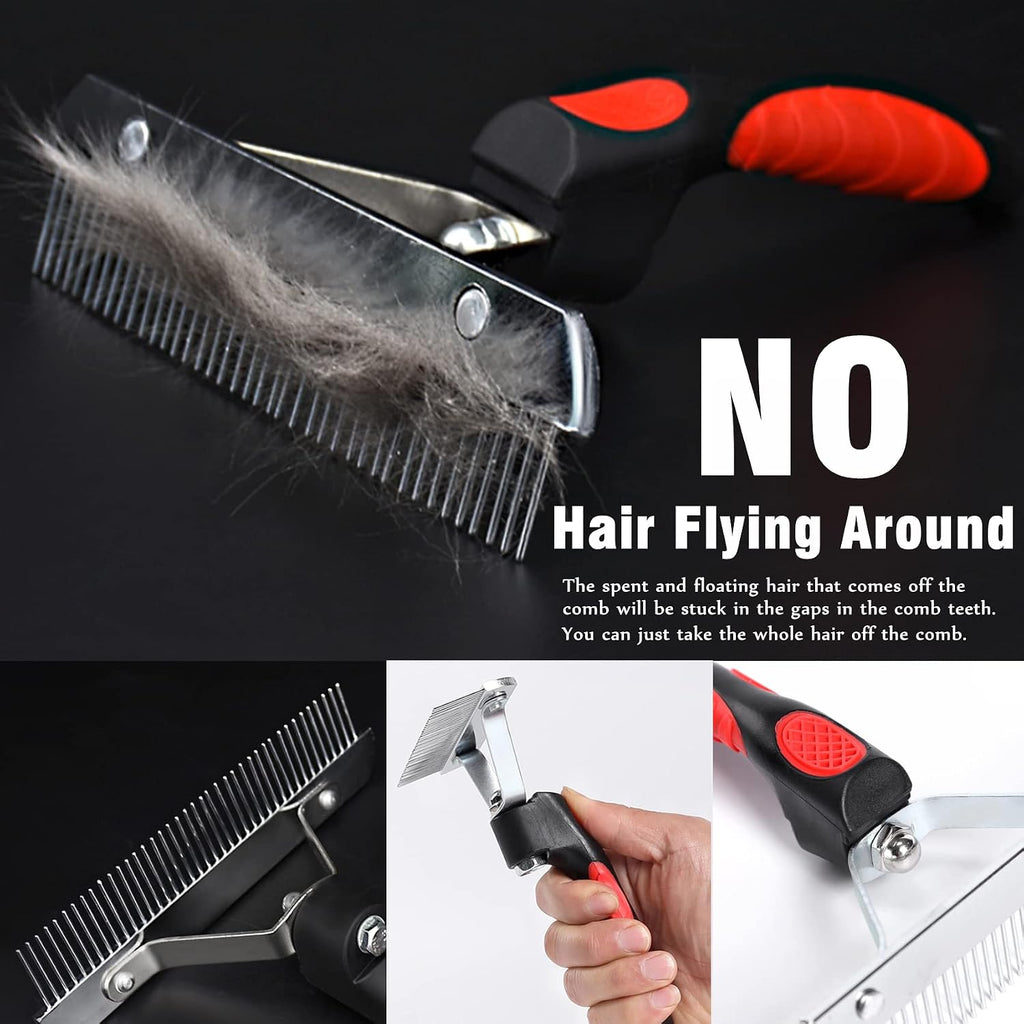 Undercoat Rake for Dogs,Long-haired Pet Grooming Shedding Brush with Handle | Heavy-Duty Rake Comb for Husky German Shepherd, Long Metal Comb Teeth, Silicone Anti-Slip Handle, Black and Red Color Scheme